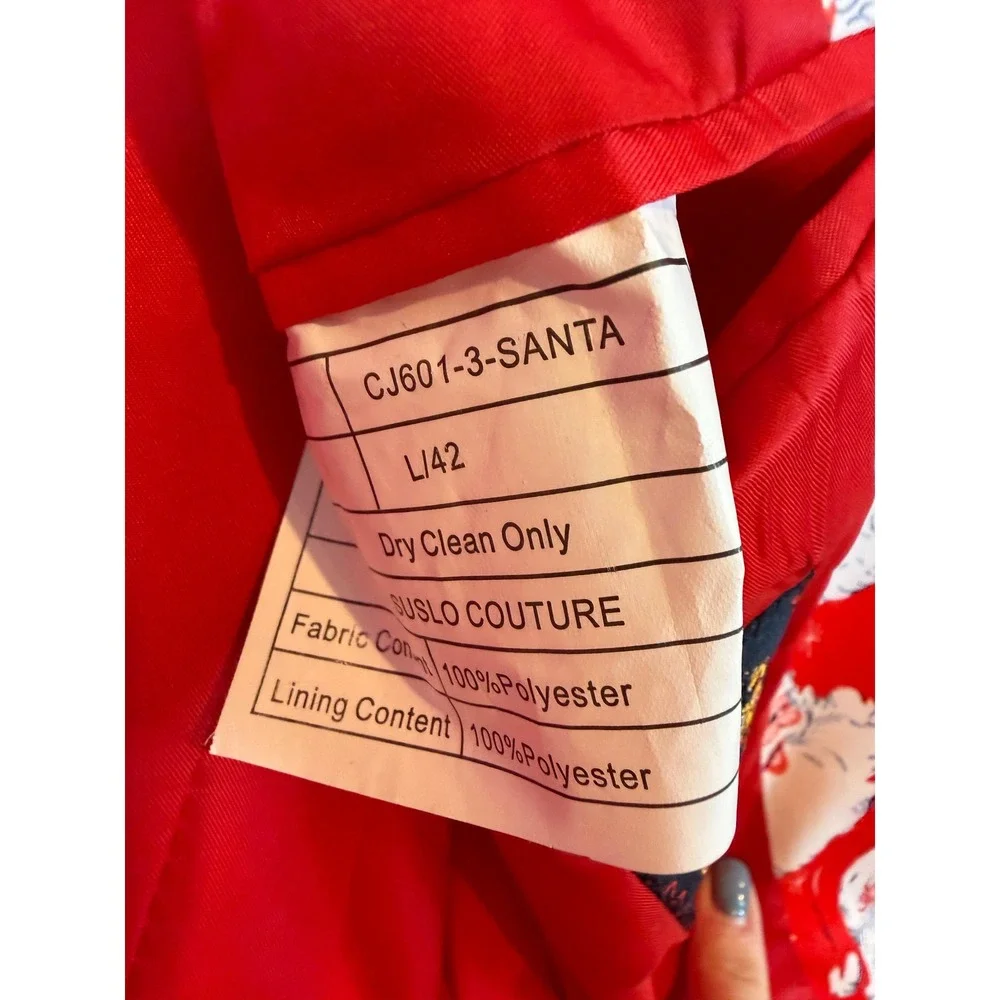 Suslo Couture Mens Red Santa Claus Print Slim Fit Blazer Jacket Size L 42 Kitsch